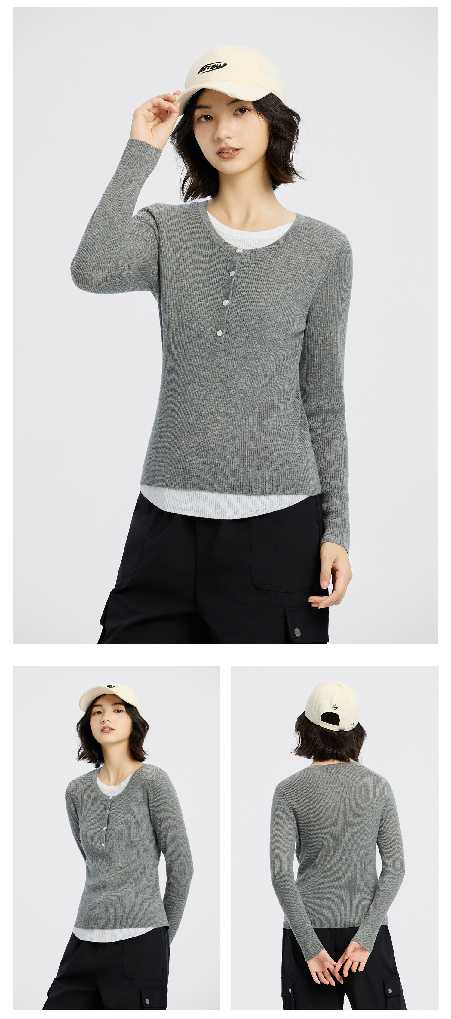 Meters Bonwe Women's Sweater, 2025 Autumn New Style, Faux Two-Piece Long-Sleeve Knit Top, Color Block Splicing Desig 4