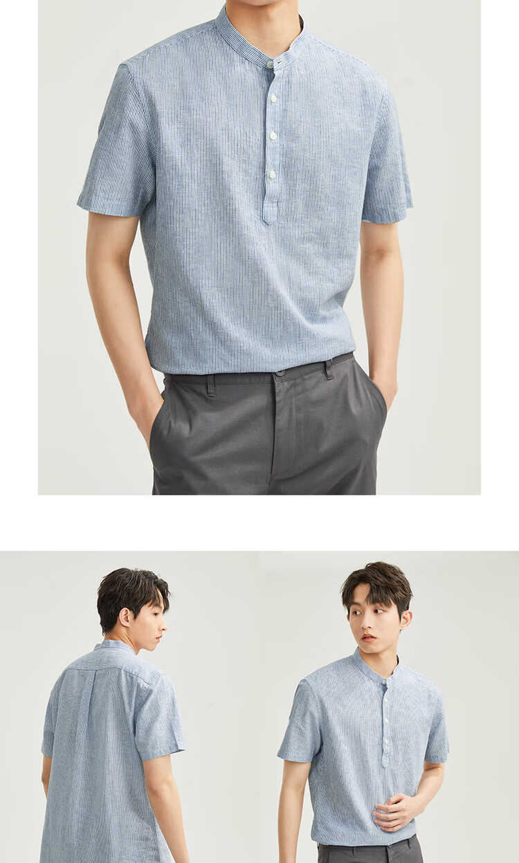 Giordano Men's Summer Breathable Linen Cotton Mandarin Collar Half-Open Short Sleeve Shirt 01045481 12