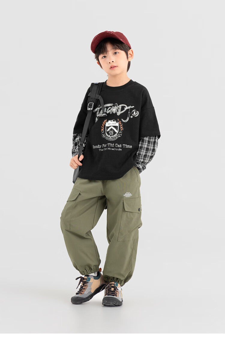 Duoduojia Boys' Sweatshirt, Spring And Autumn Style, Patchwork Long Sleeve, Plaid Retro Print, Children's Faux Two-Piece, Korean-Style Academic Style Top 7