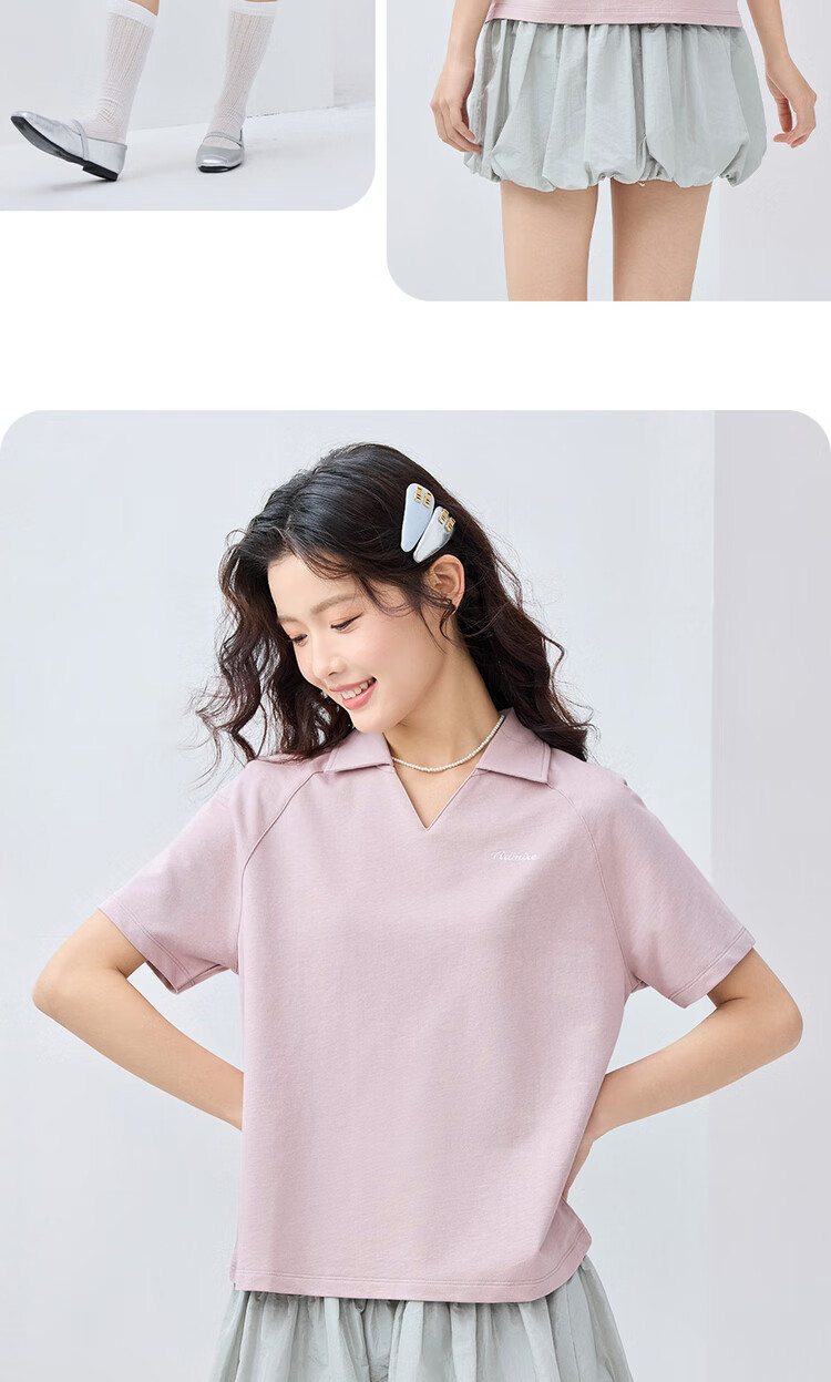 Giordano Women's Short-Sleeve Polo Shirt, Summer Pure Cotton, Letter Embroidery, V-Neck Drop Shoulder Collar Top, 13315205 15
