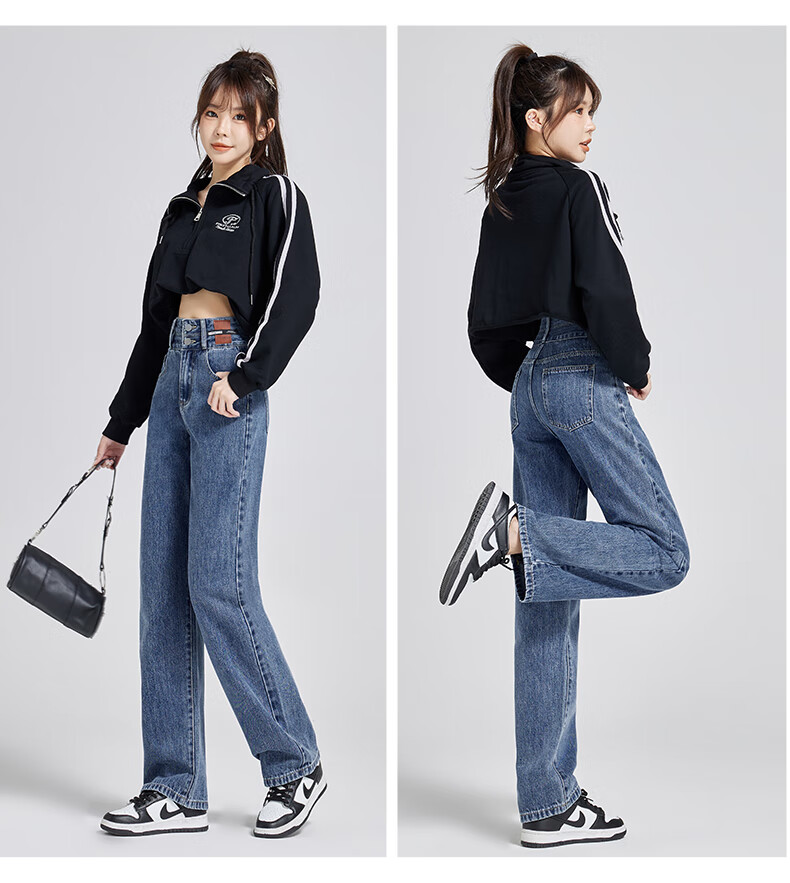 ROMON [American Casual Style] Women's Jeans, Summer High-Waist Versatile Loose Wide-Leg Slimming Straight Pants, Vintage Blue, Size M 8
