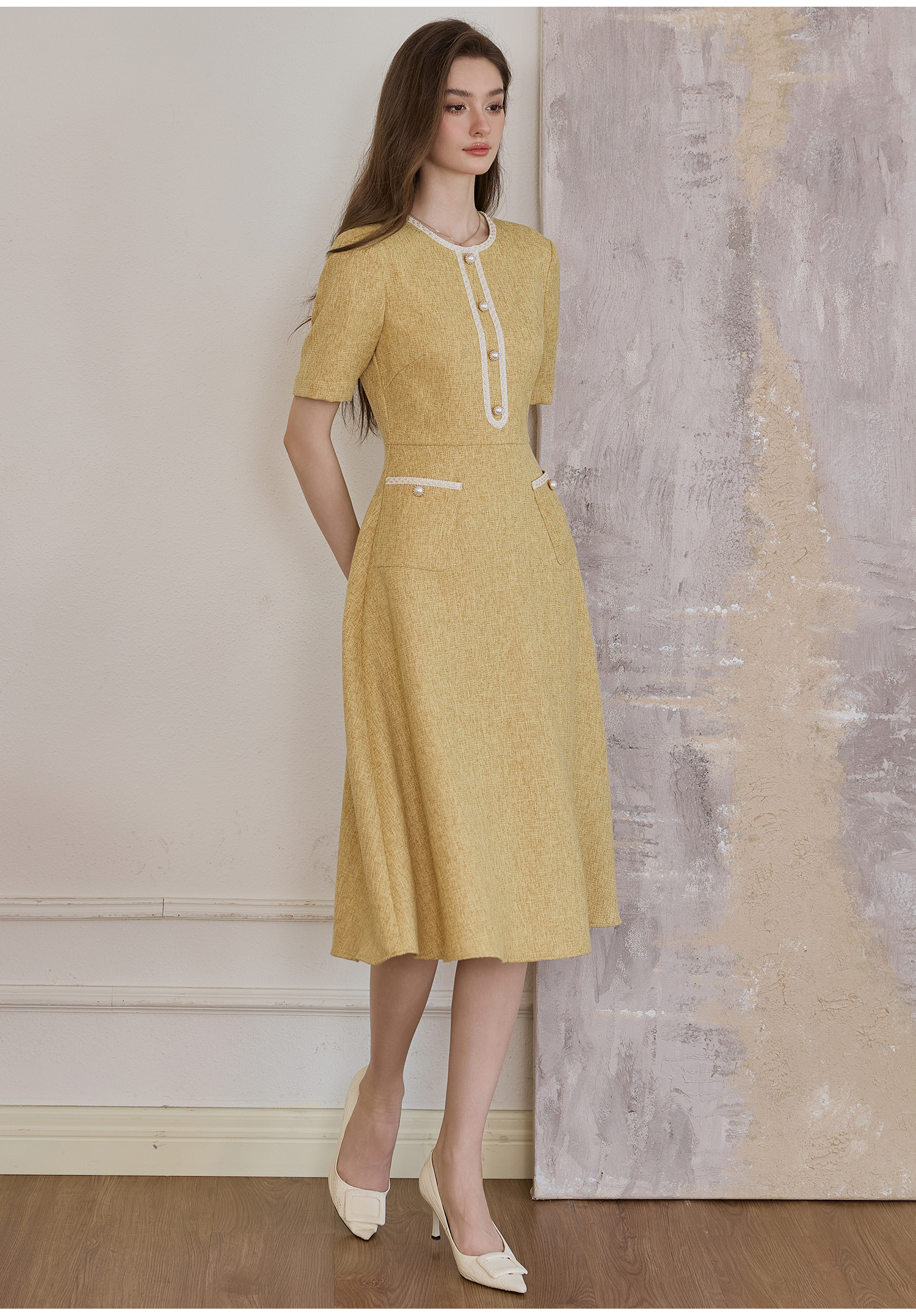ROEYSHOUSE Elegant Waist-Cinching Flared Dress, Summer Style, Chanel-Inspired Mid-Length Dress 11594, Yellow, S 6