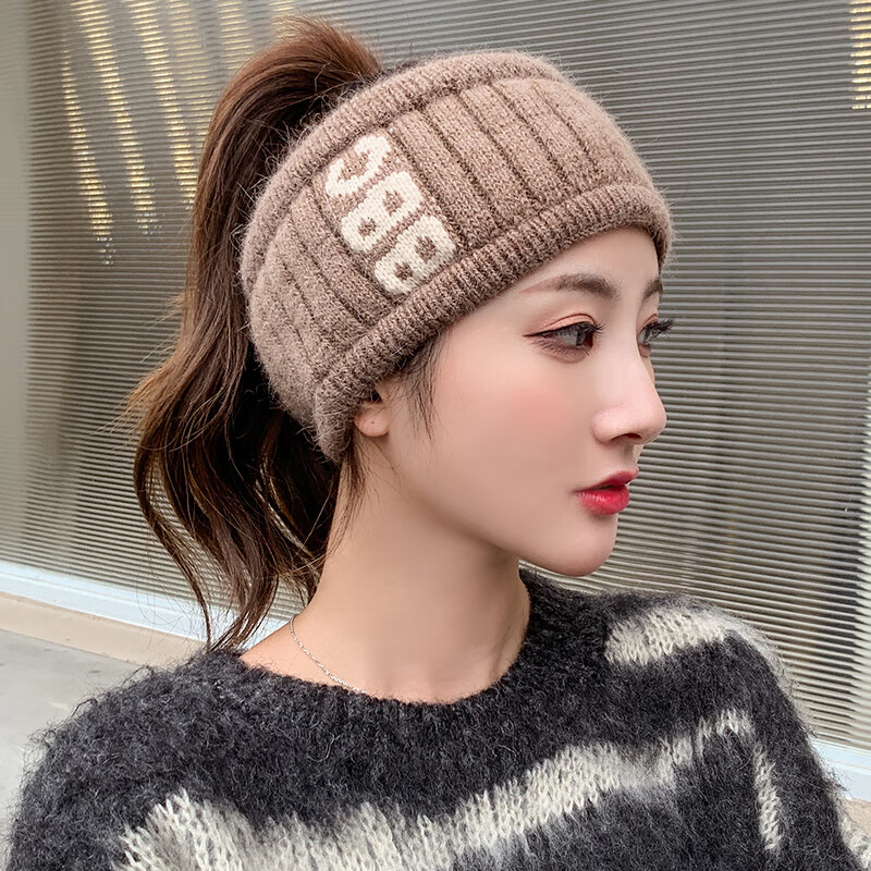 大头围发带帽子女秋冬季针织帽运动户外空顶帽洗脸发带字母黑色大头围