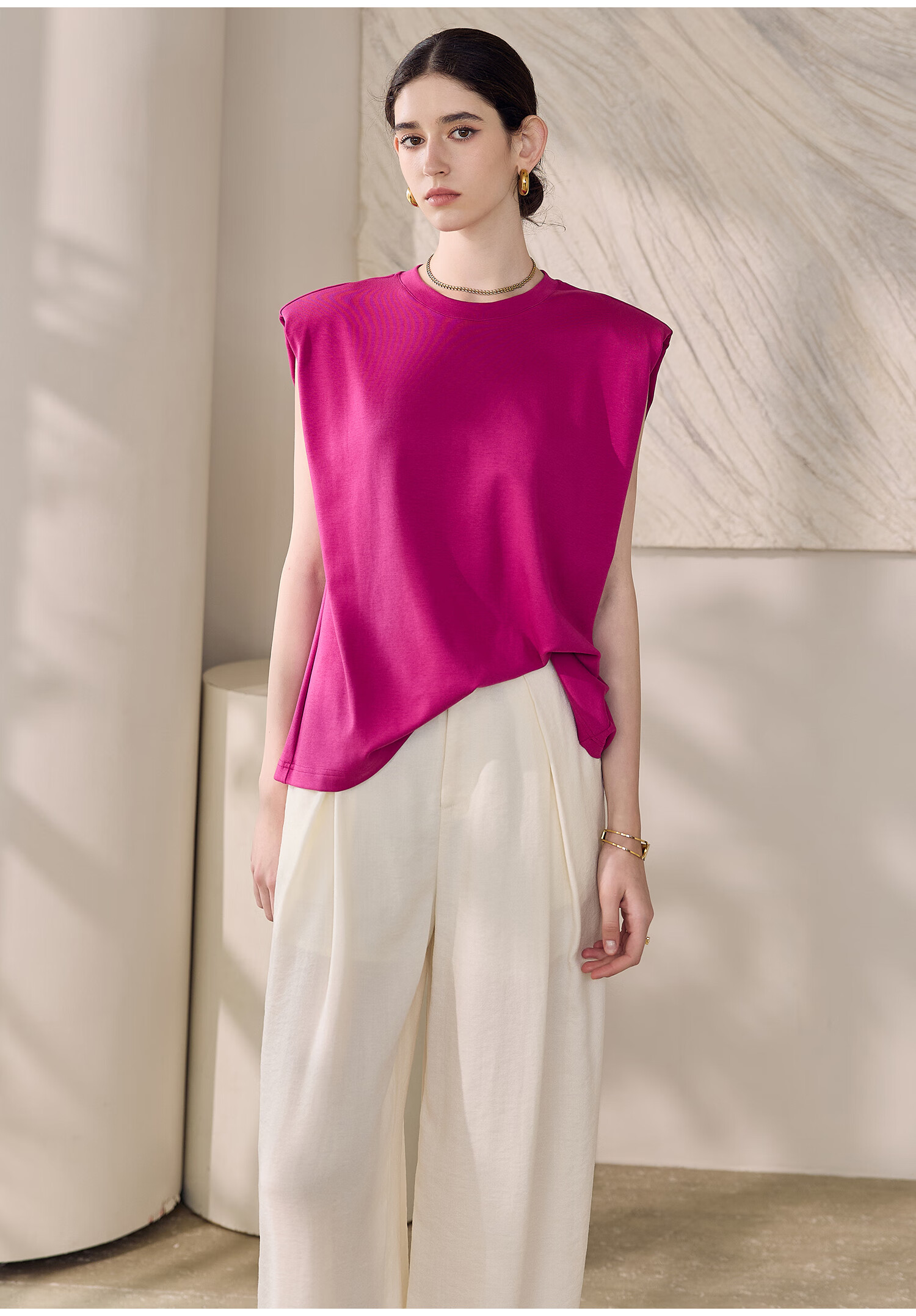 ROEYSHOUSE Women's Casual Sleeveless Cotton T-Shirt Summer Loose Fit Round Neck Top 12330 Rose Red L 12