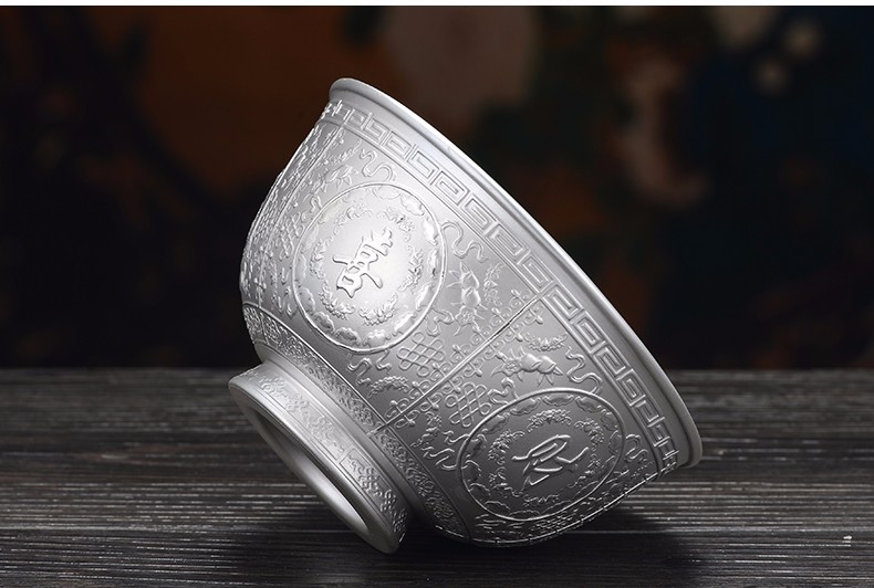 泰光银楼银碗999足银筷子实用银勺子食用银餐具双层隔热银饭碗百福碗