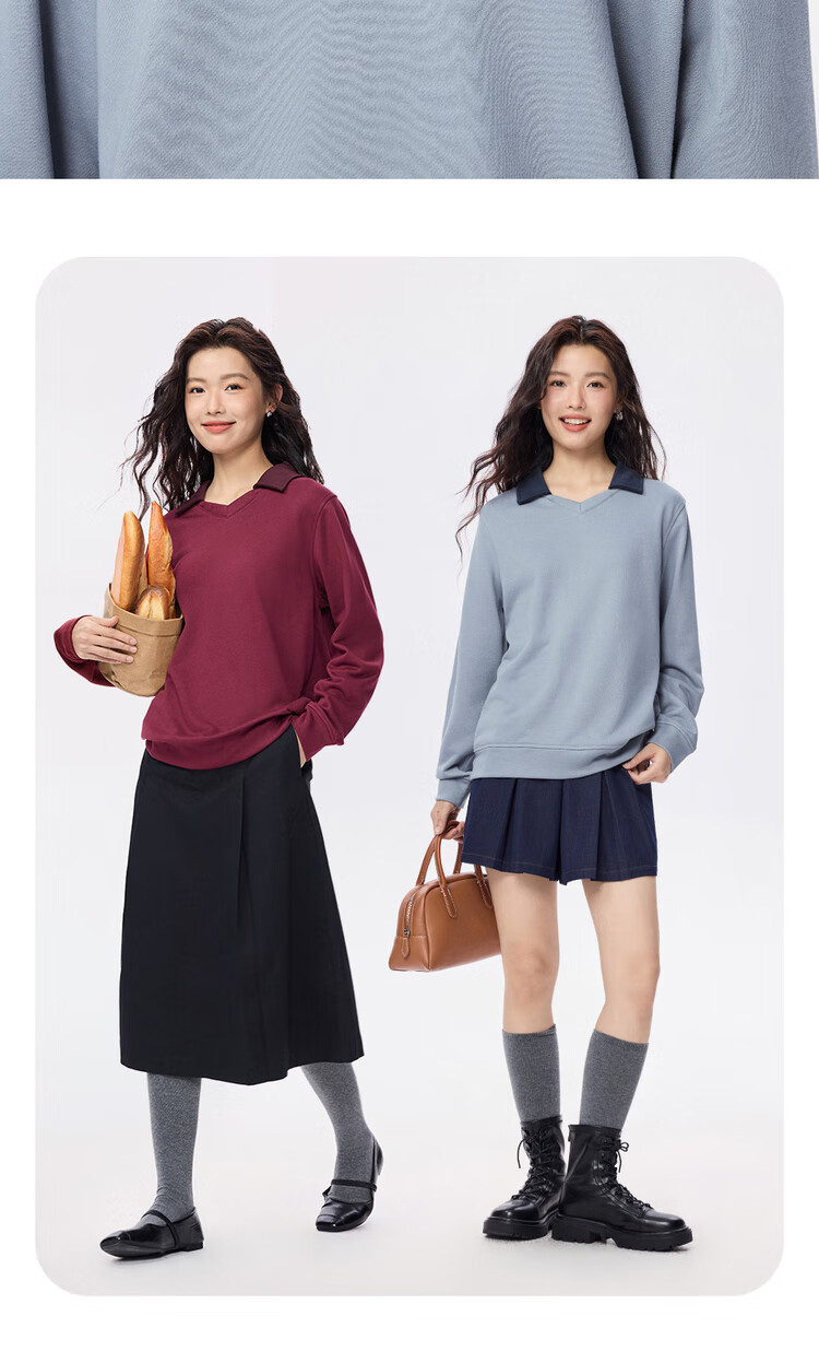 Giordano Women's Autumn Winter New Mist Color Fashion Contrast V-Neck Pullover Sweatshirt 05325807 7