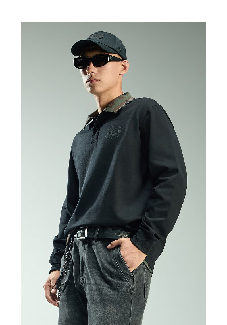 CABBEEN 280G Cotton Plain Weave Camouflage Patchwork Collar Men's Embroidered Long Sleeve Polo Shirt Coal Black 10