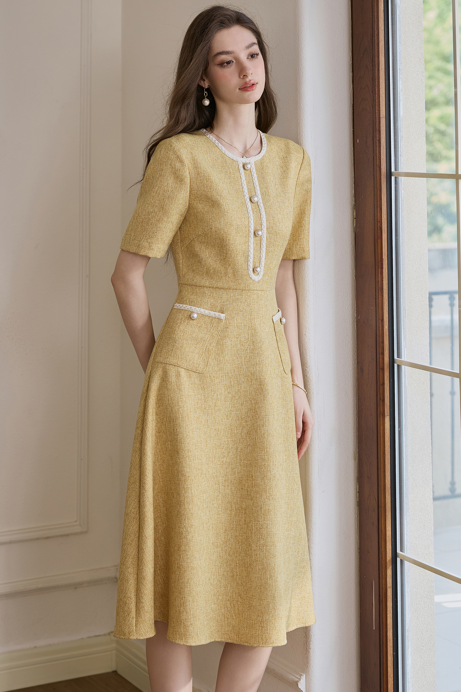 ROEYSHOUSE Elegant Waist-Cinching Flared Dress, Summer Style, Chanel-Inspired Mid-Length Dress 11594, Yellow, S 2