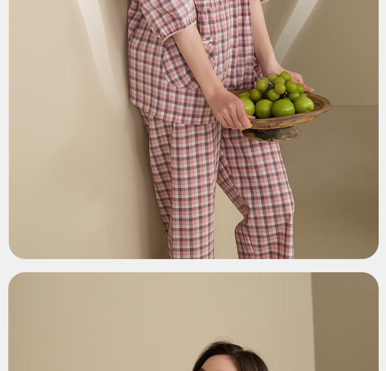 XULEN Women's Summer Pajamas Set with Woven Plaid Pure Cotton Three-Quarter Sleeves And Cropped Pants, Slimming Loungewear 4