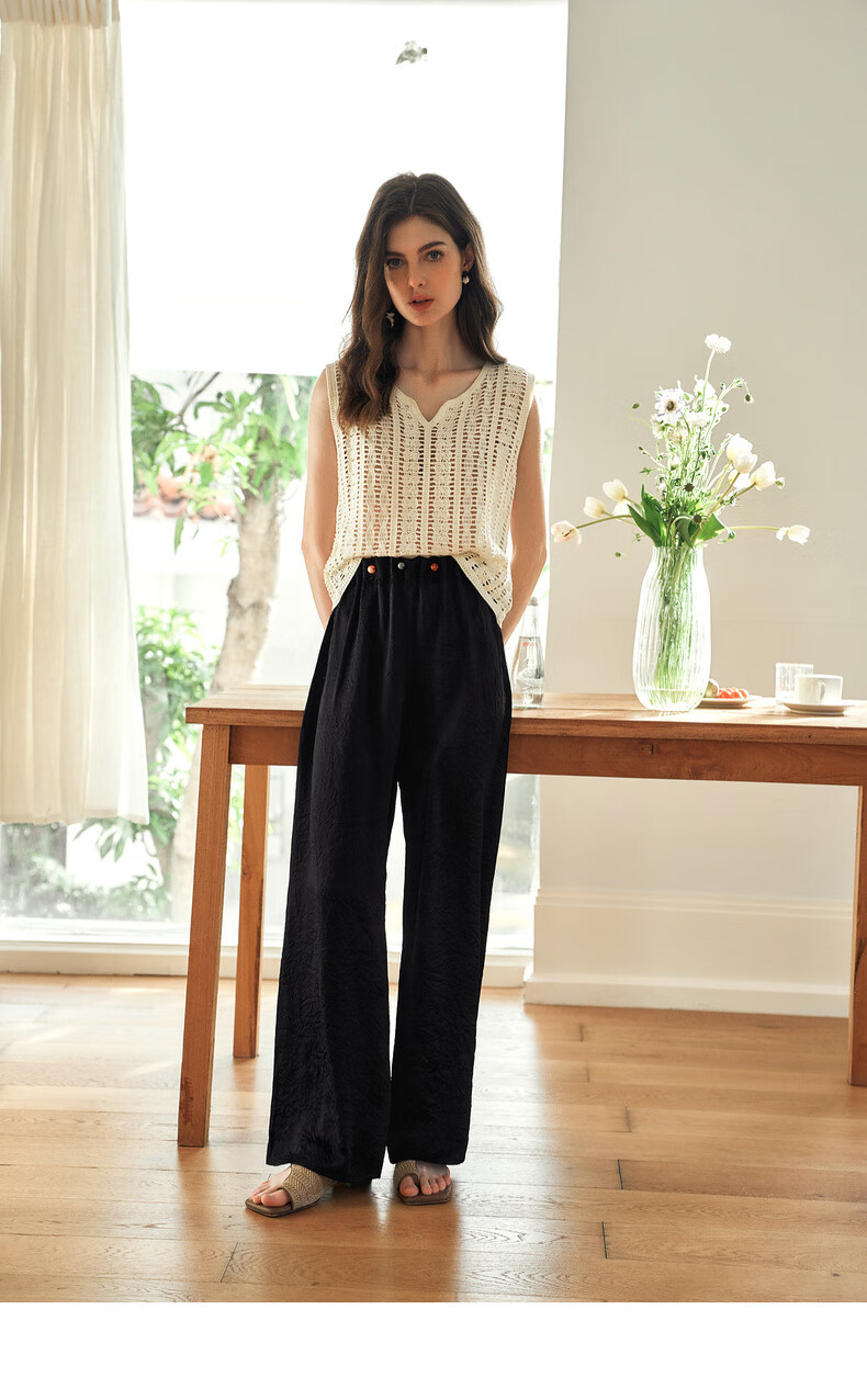 Olrain Eurier Beaded Lazy Vacation Straight-Leg Pants Women's Summer Loose Slim High-Waist Trousers Apricot XL 16