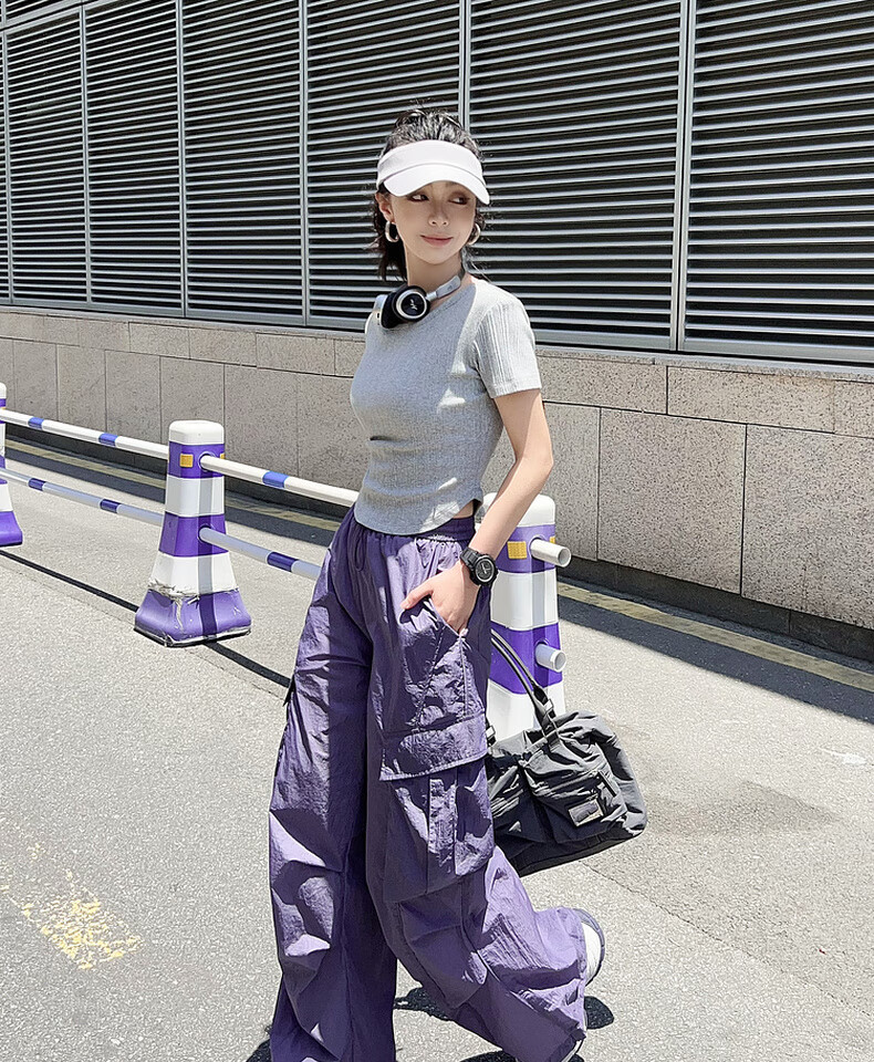 MEIYANG Sun Protection Pants UPF50+, Slightly Wrinkled Pleated Cargo Pants [Small 70 in Stock], Purple, L 16