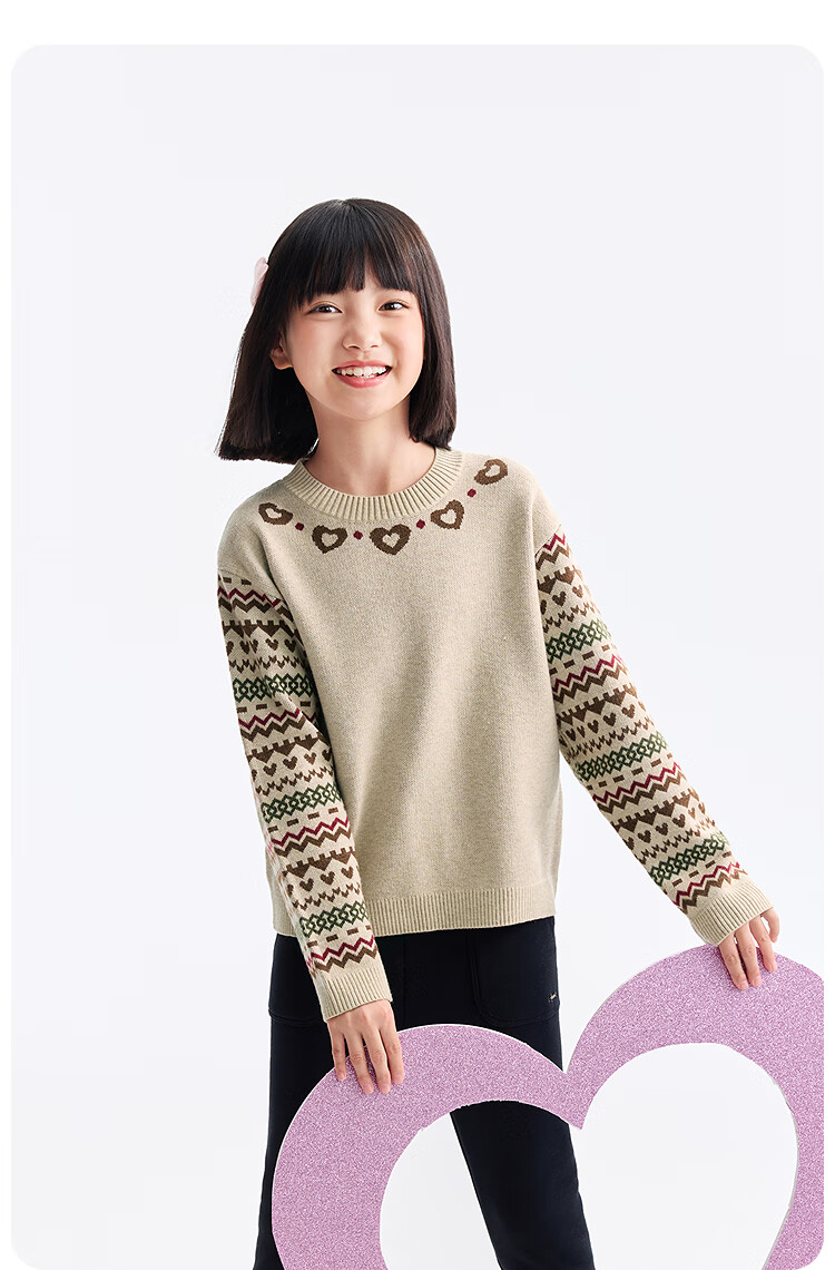 Annil Kids Girls' Crew Neck Long Sleeve Knit Sweater 2025 Winter New Apricot 140 9
