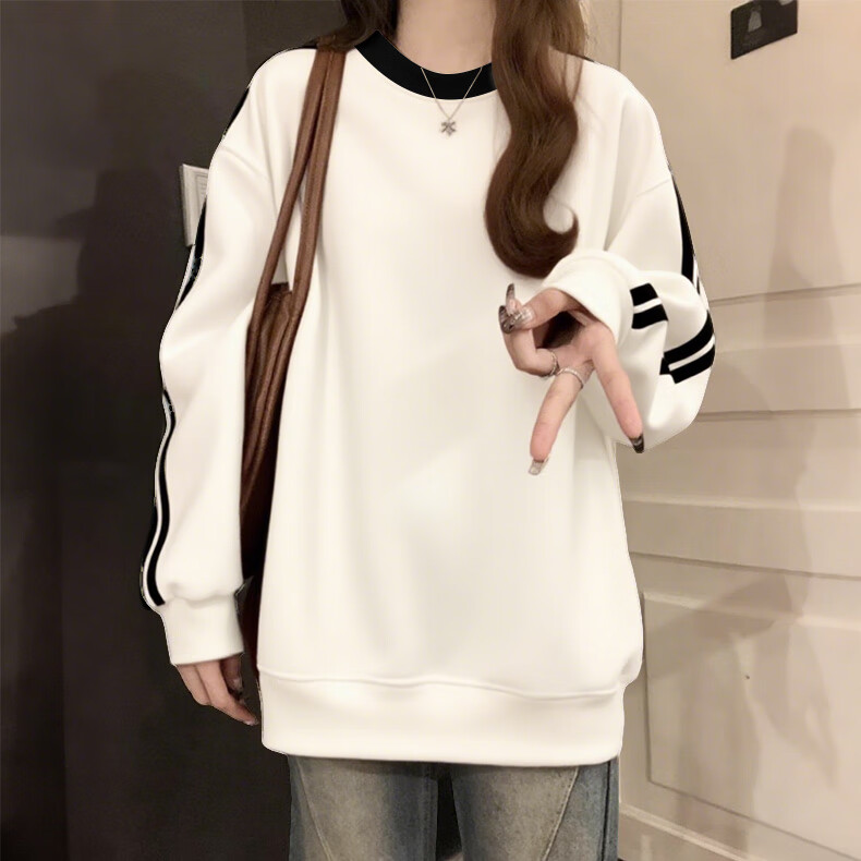Jeanswest American Casual Navy Crew Neck Sweatshirt for Women 2026 Spring New Loose Fit Hoodless Long Sleeve Top with Two Stripes 11