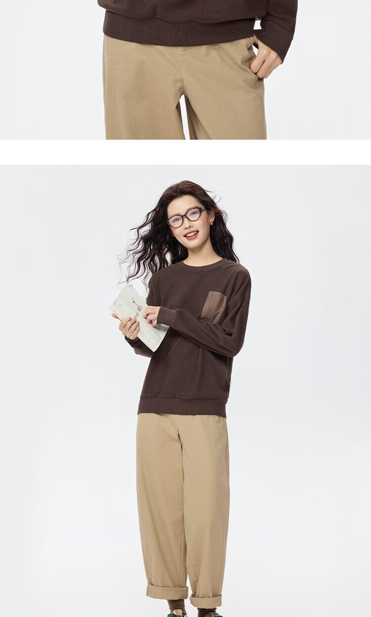 Giordano Women's Fleece Pullover Sweatshirt Autumn Winter New Patchwork Fake Pocket Crew Neck Fleece Top 05325816 14