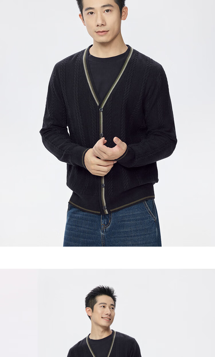 Giordano Men's Autumn Winter Knitted Cardigan V-Neck Sweater with Contrasting Edges and Twisted Floral Pattern 13055753 14