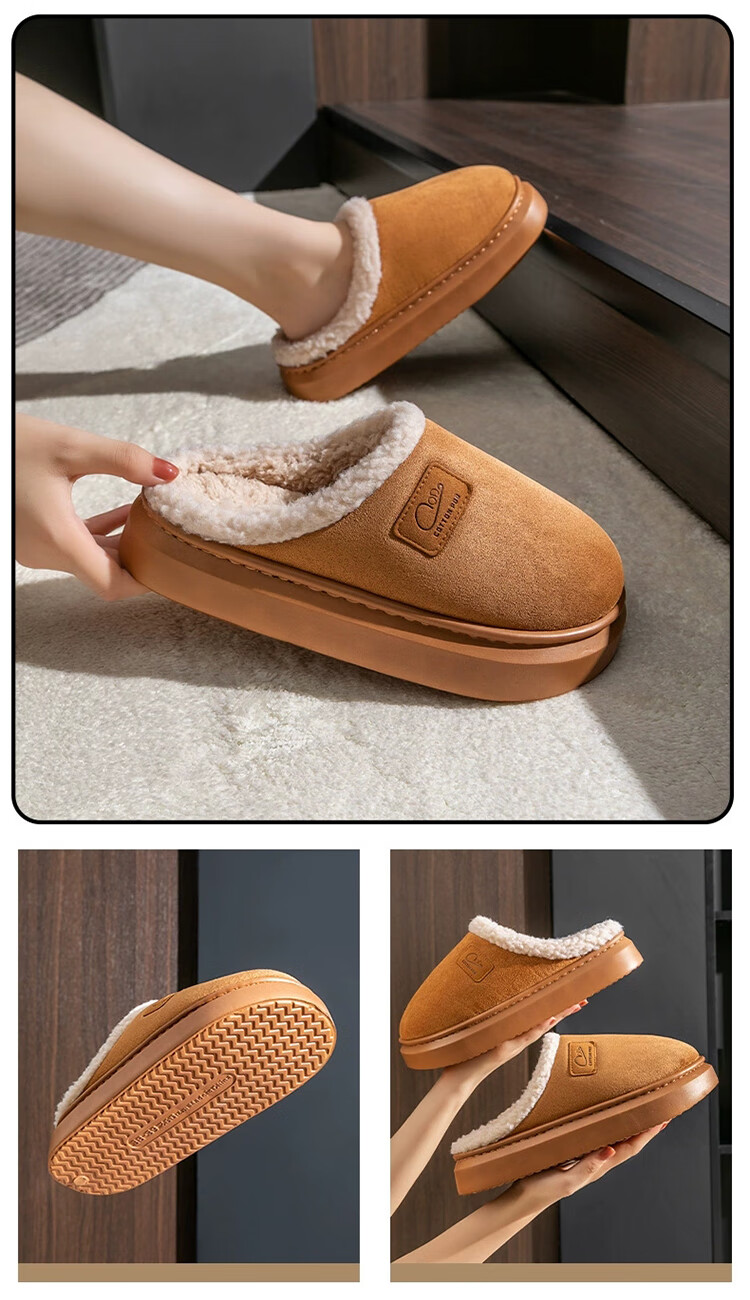 LangSha Autumn Winter New Plush Cotton Slippers for Men and Women Couples Home Warm Thick Sole Non-slip Beige Size 38-39 4
