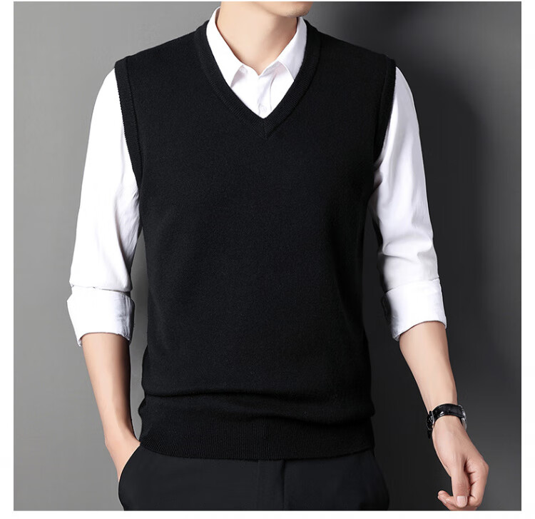 Hengyuanxiang Men's Knitted Vest Sleeveless Sweater Black XL Autumn Winter Thick Warm V-Neck Dad Style 9