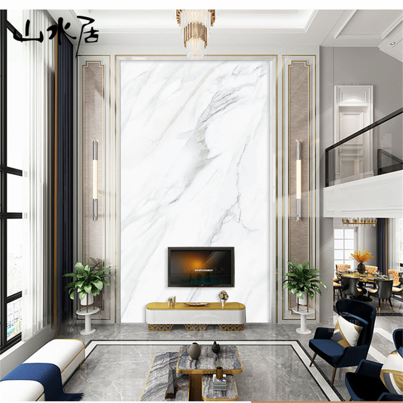 别墅电视背景墙壁纸简约现代大理石纹壁画客厅中空复式楼影视墙布无缝