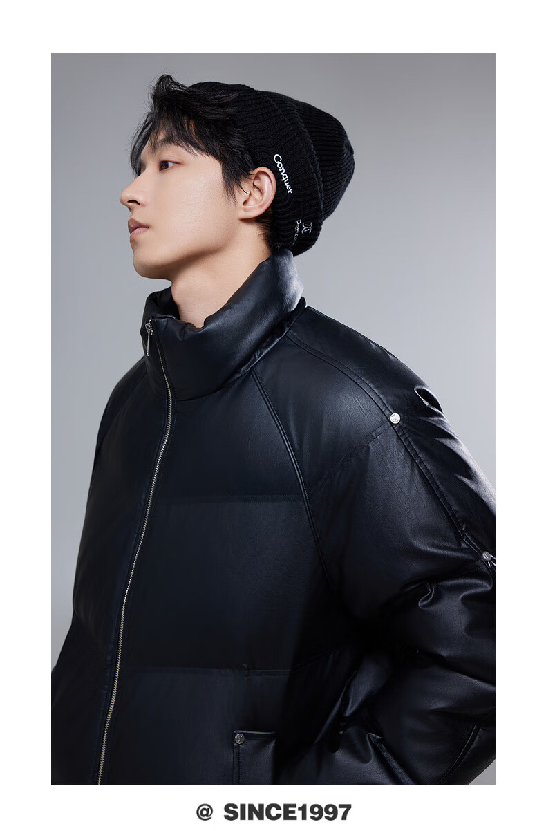 CABBEEN Wrinkled PU Down Jacket Men Custom Logo Rivet Decoration Comfortable Winter Down Jacket 3