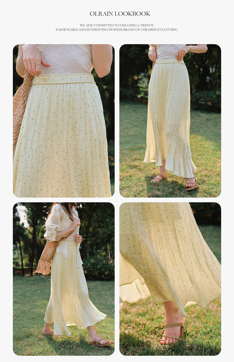Olrain Yellow Polka Dot Pleated A-Line Skirt Women's Summer High Waist Mid-Length Skirt Yellow S 10