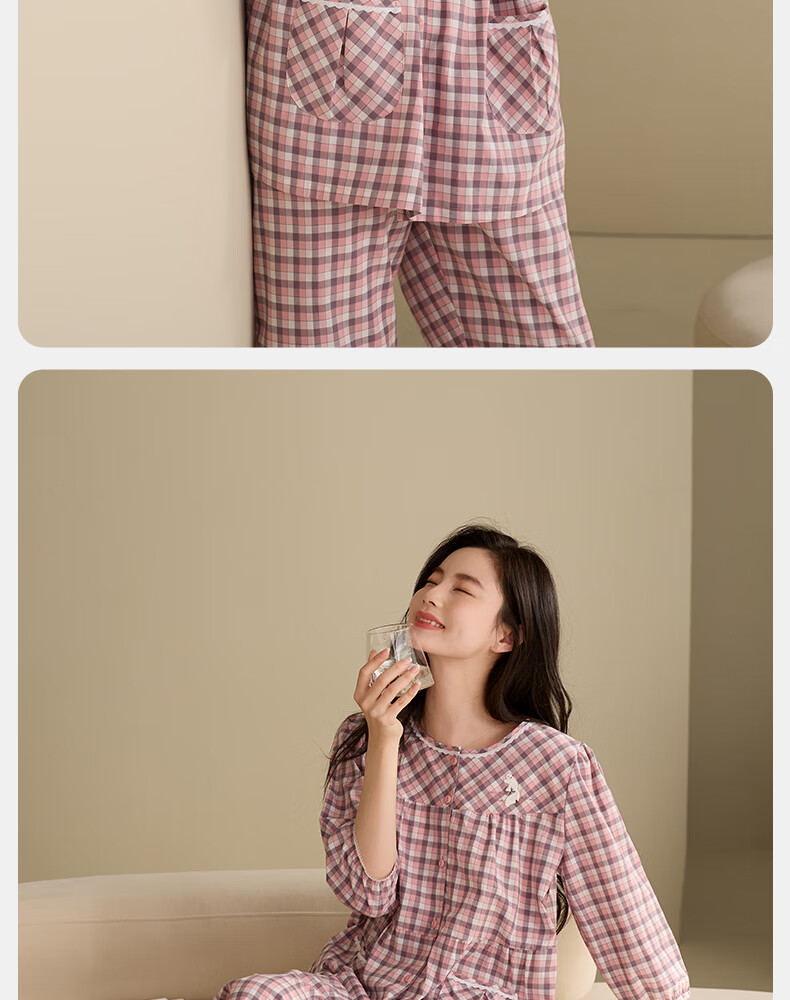 XULEN Women's Summer Pajamas Set with Woven Plaid Pure Cotton Three-Quarter Sleeves And Cropped Pants, Slimming Loungewear 14