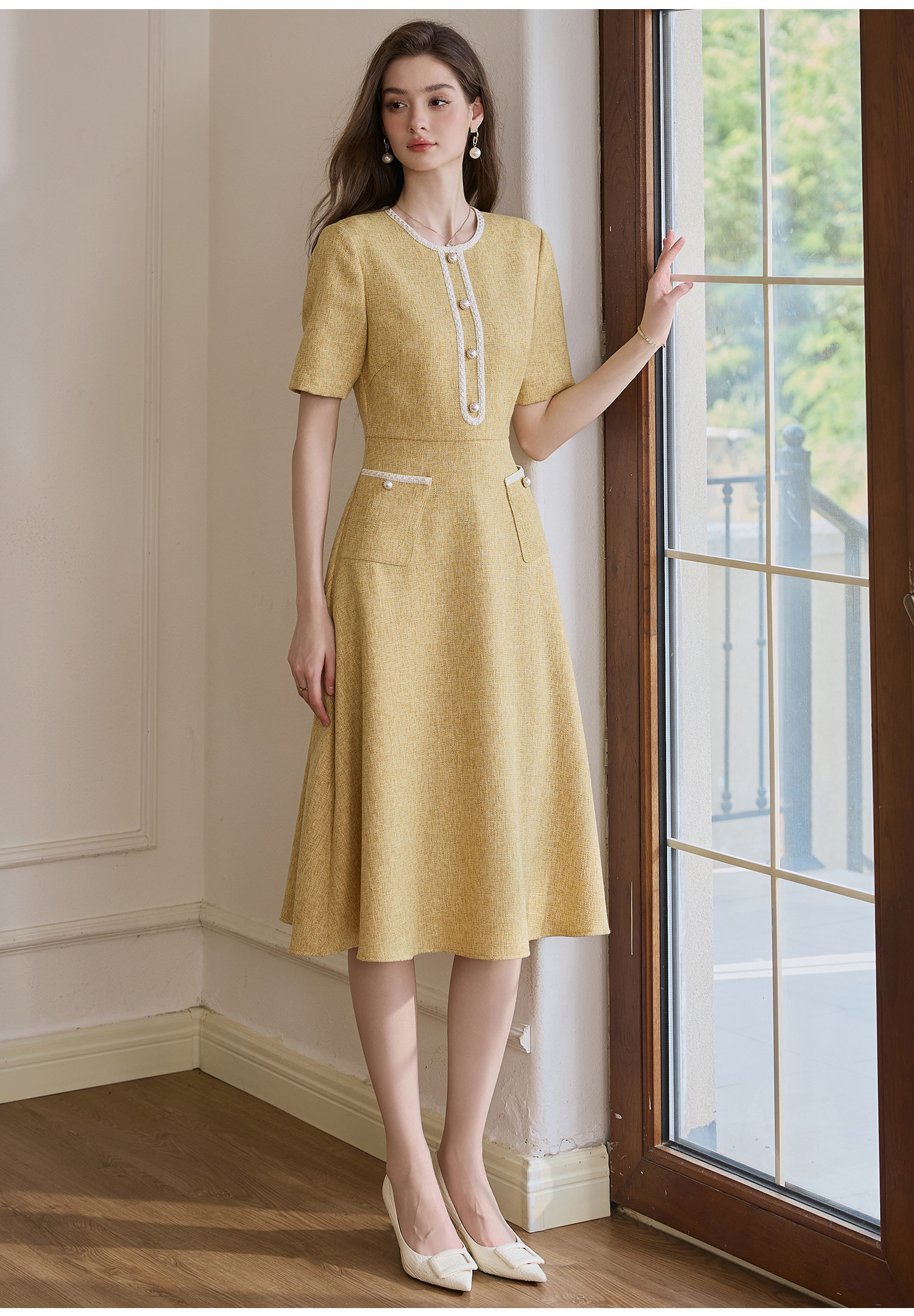 ROEYSHOUSE Elegant Waist-Cinching Flared Dress, Summer Style, Chanel-Inspired Mid-Length Dress 11594, Yellow, S 4