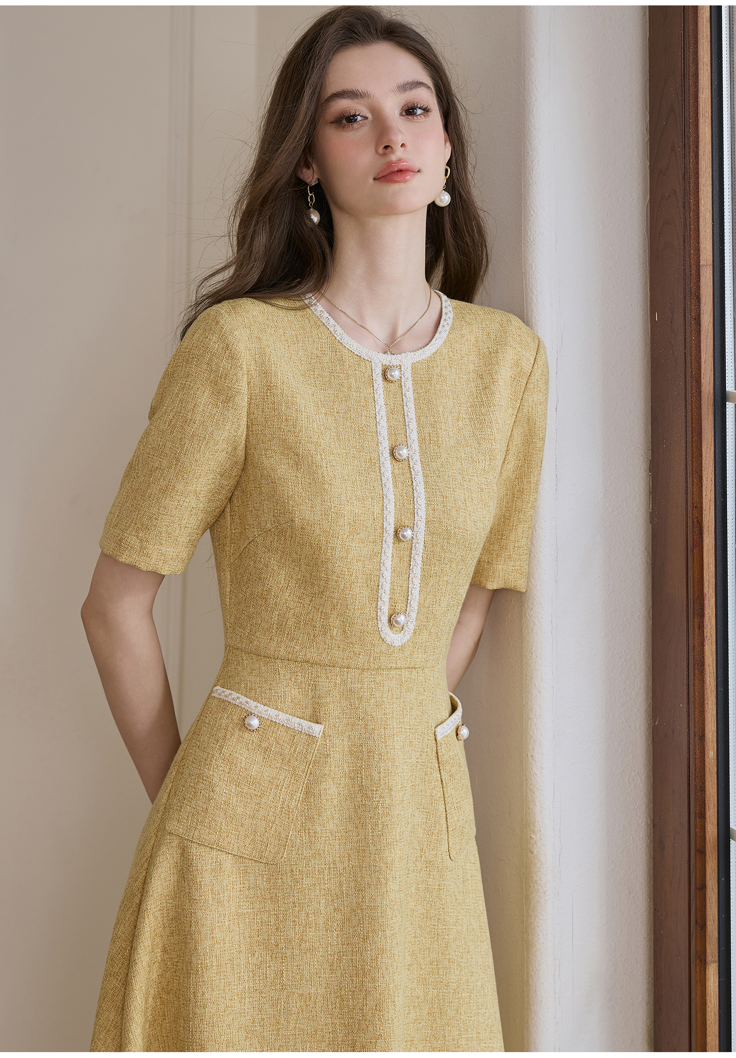 ROEYSHOUSE Elegant Waist-Cinching Flared Dress, Summer Style, Chanel-Inspired Mid-Length Dress 11594, Yellow, S 11