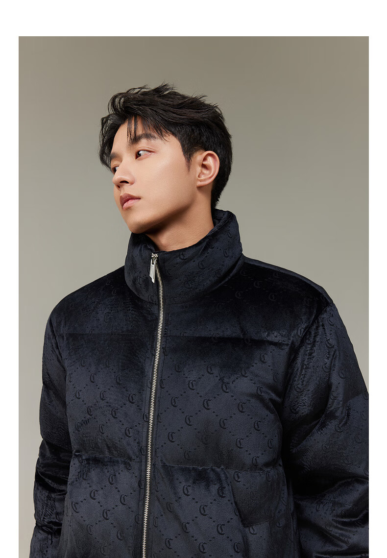CABBEEN Men's Logo Laser Burnt Floral Velvet Down Jacket Casual Winter Coat 8