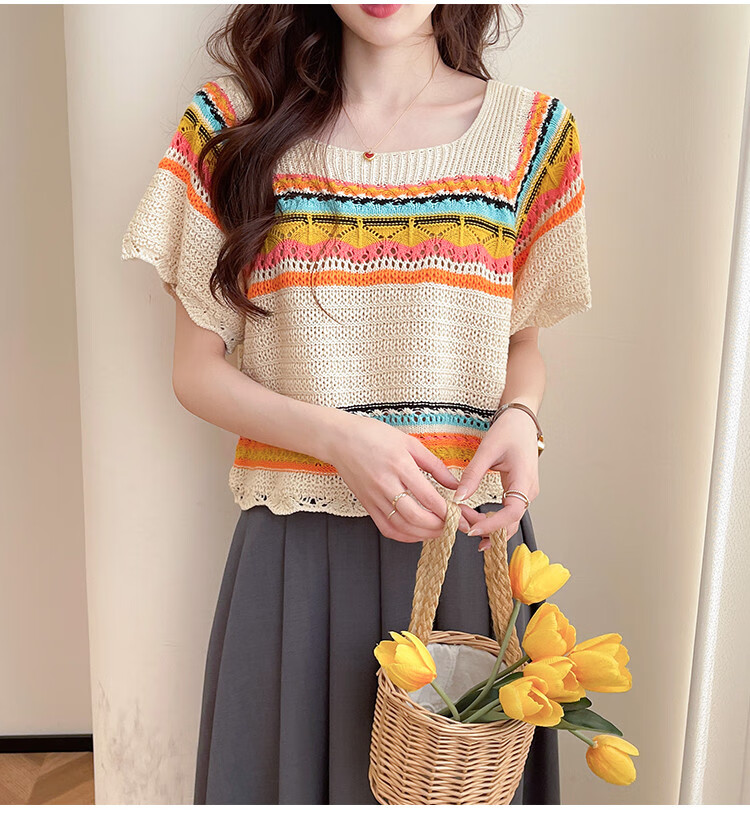 Tangshi 2026 Fashionable Youthful Casual Colorful Striped Women's Short Sleeve Pullover Sweater 9
