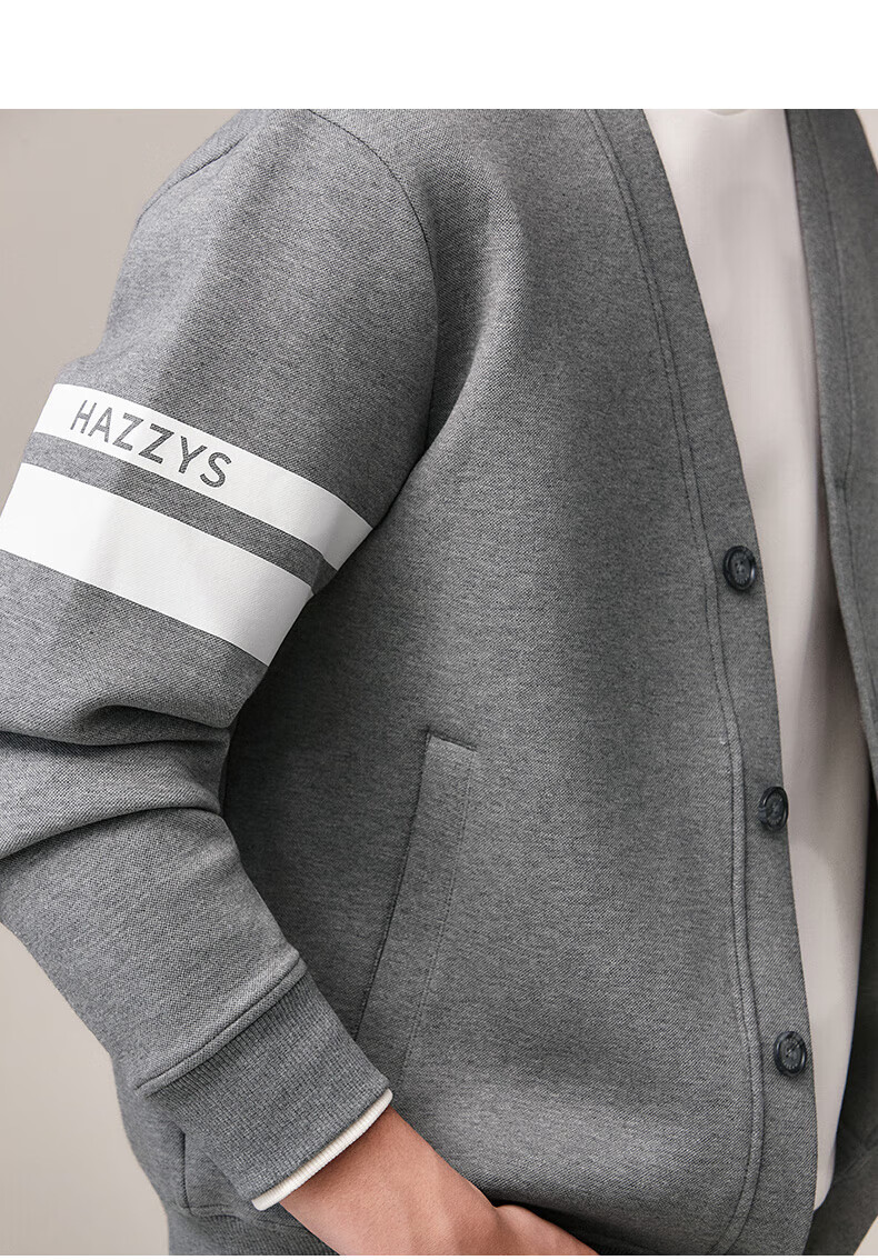 HAZZYS Men's Spring and Autumn V-Neck Casual Jacket with Color-Block Sleeves Cardigan Sweatshirt ABTZE0CCX34 10