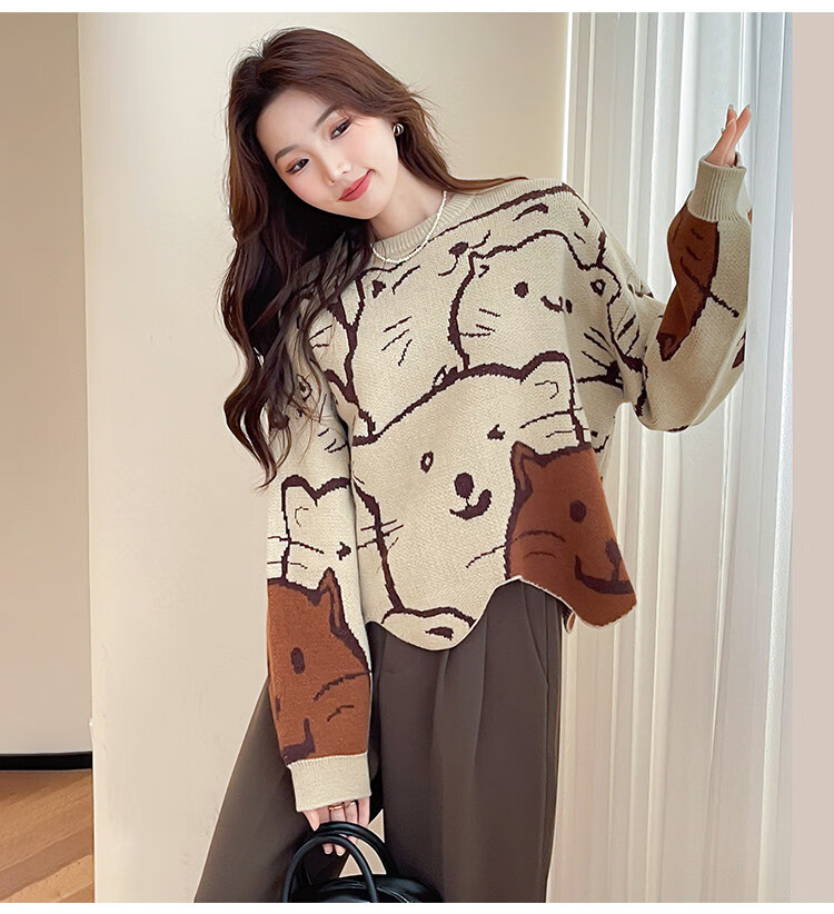 TonLion 2025 Autumn Crew Neck Irregular Hem Cartoon Pattern Pullover Sweater Cute Youthful College Style Korean Version 4