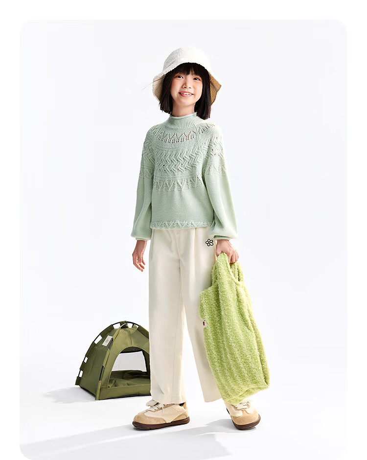 Annil Kids Girls' Crew Neck Long Sleeve Knit Sweater 2025 Winter New Pullover Ice Green 160 6
