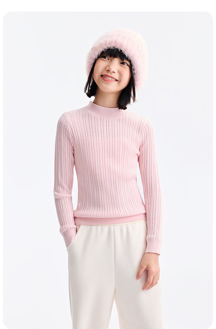 Annil Kids Girls' Mid-Neck Long Sleeve Knit Sweater 2025 Winter New Slim Fit Base Shirt Energetic Pink Size 150 9