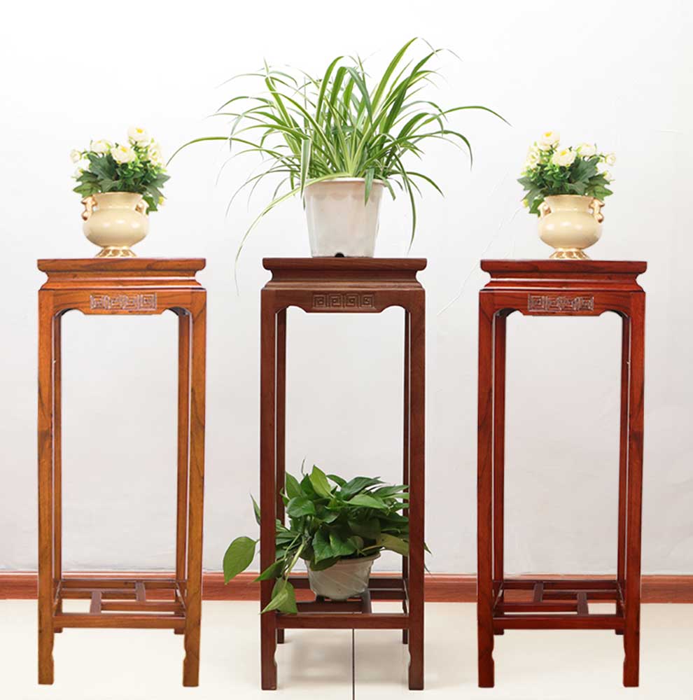 柏祥中式古典实木花架客厅花瓶架阳台绿萝架装饰架木质花几方形榆木