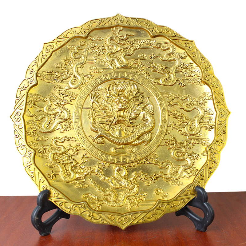 宇卓铜器纯铜盘黄铜盘九龙盘铜盘子龙纹盘工艺品摆件龙凤盘支架