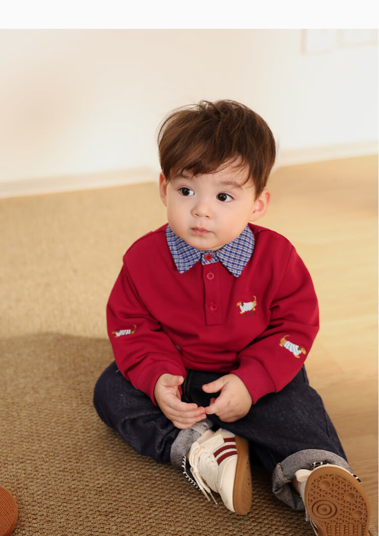 LUSON Xiao O Ba Baby Boy Spring And Autumn Sweatshirt Pullover, Red Faux Two-Piece Stylish Design, New Style for Autumn 2025, Infant Clothing 8