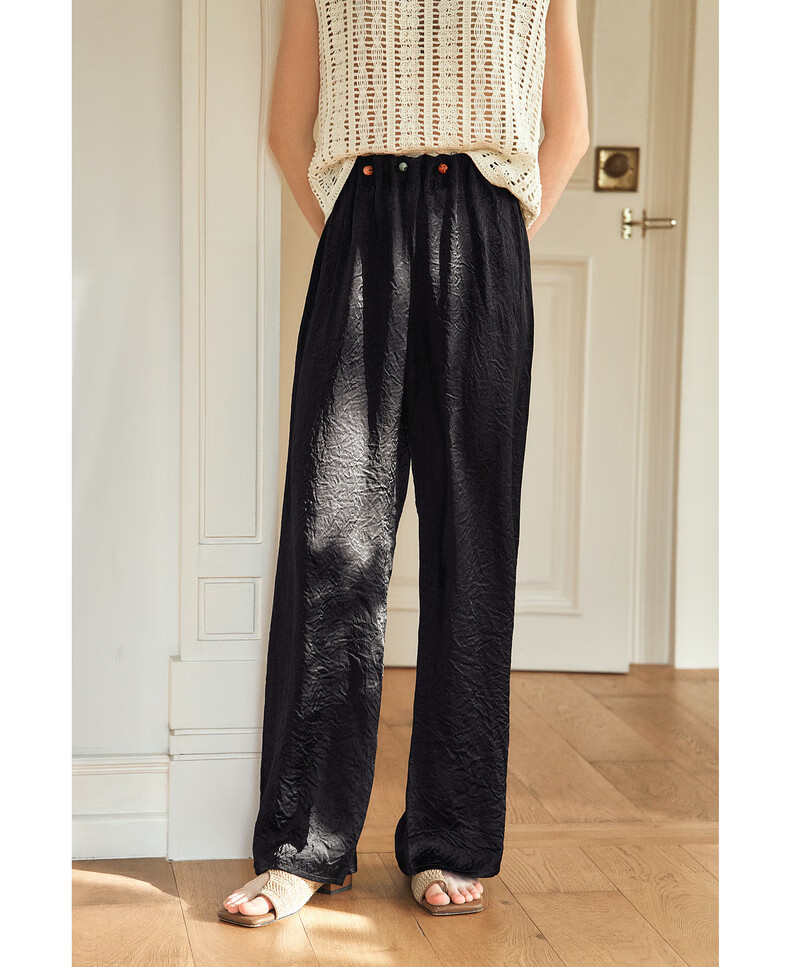 Olrain Eurier Beaded Lazy Vacation Straight-Leg Pants Women's Summer Loose Slim High-Waist Trousers Apricot XL 19