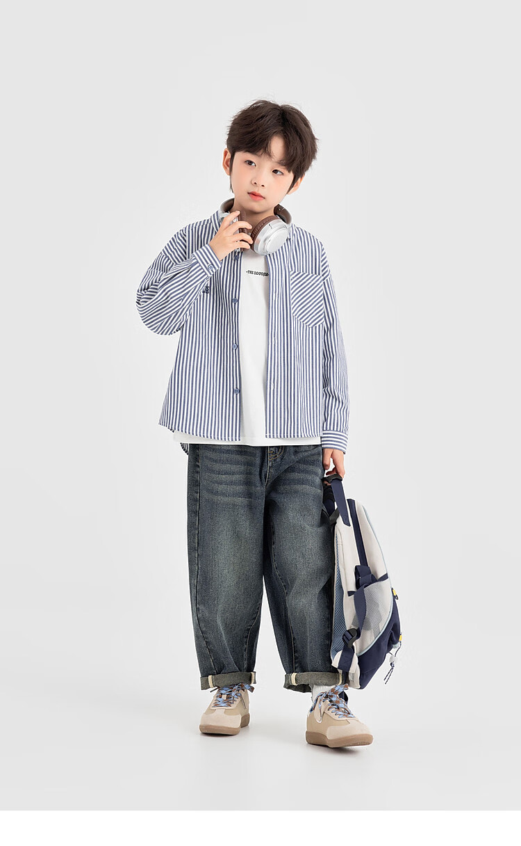 Duoduo Classic Blue and White Striped Boys' Shirt 2025 Autumn New Fashionable Stylish Long Sleeve Outerwear for Older Kids 13