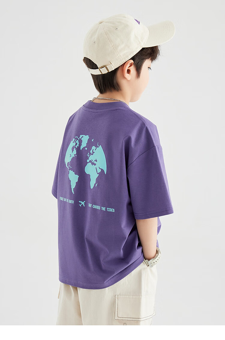 Duoduo Home [Earth Print] Boys' Short Sleeve 2026 Summer Comfortable Cool Loose Fit Casual T-Shirt for Kids 18