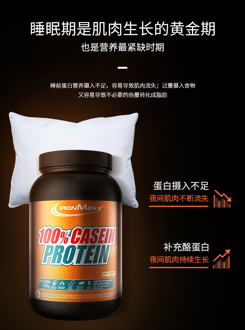 德国进口胶束酪蛋白粉正氮缓释夜间睡前蛋白质粉粉ironmaxx 香橙百香