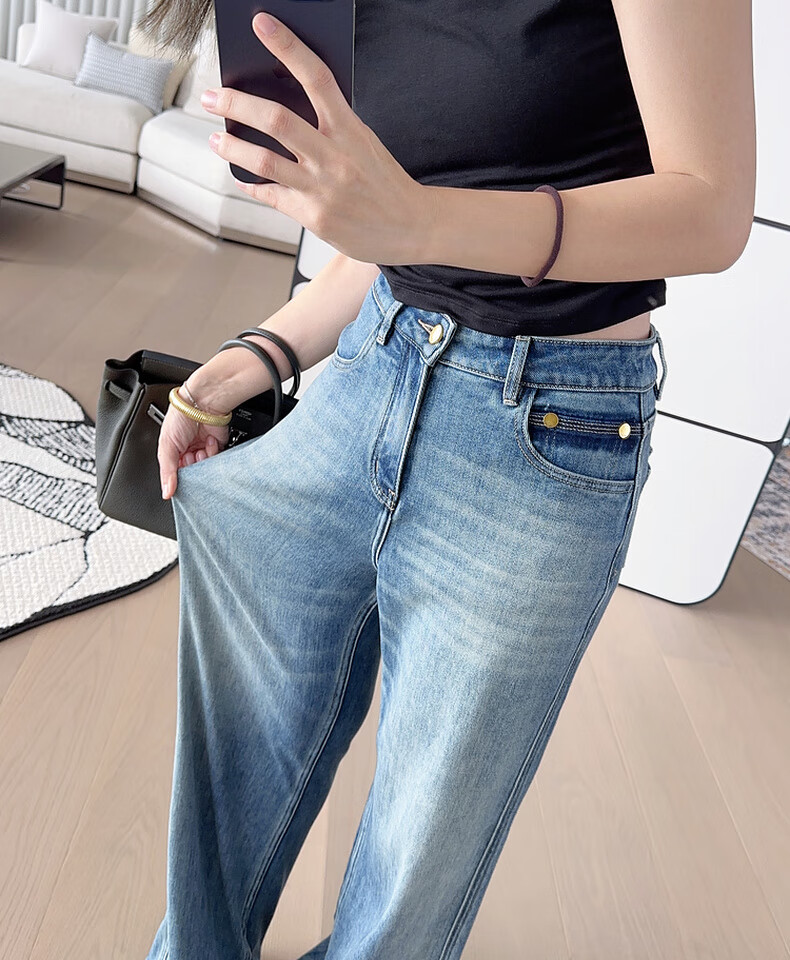MEIYANG Jelly Denim Jeans Double Core Yarn Elastic Draped Vintage Wide-Leg Pants Blue Regular Fit L 16