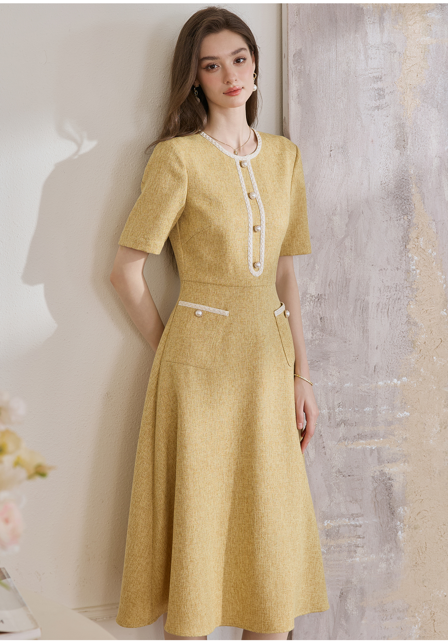 ROEYSHOUSE Elegant Waist-Cinching Flared Dress, Summer Style, Chanel-Inspired Mid-Length Dress 11594, Yellow, S 12