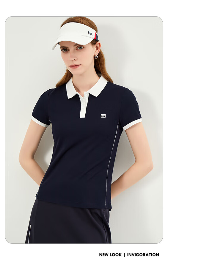 ELLE ACTIVE Fashion Slimming Color-Block Polo Shirt for Women Summer Short Sleeve Slim Fit Sports Casual Top Blue M 14