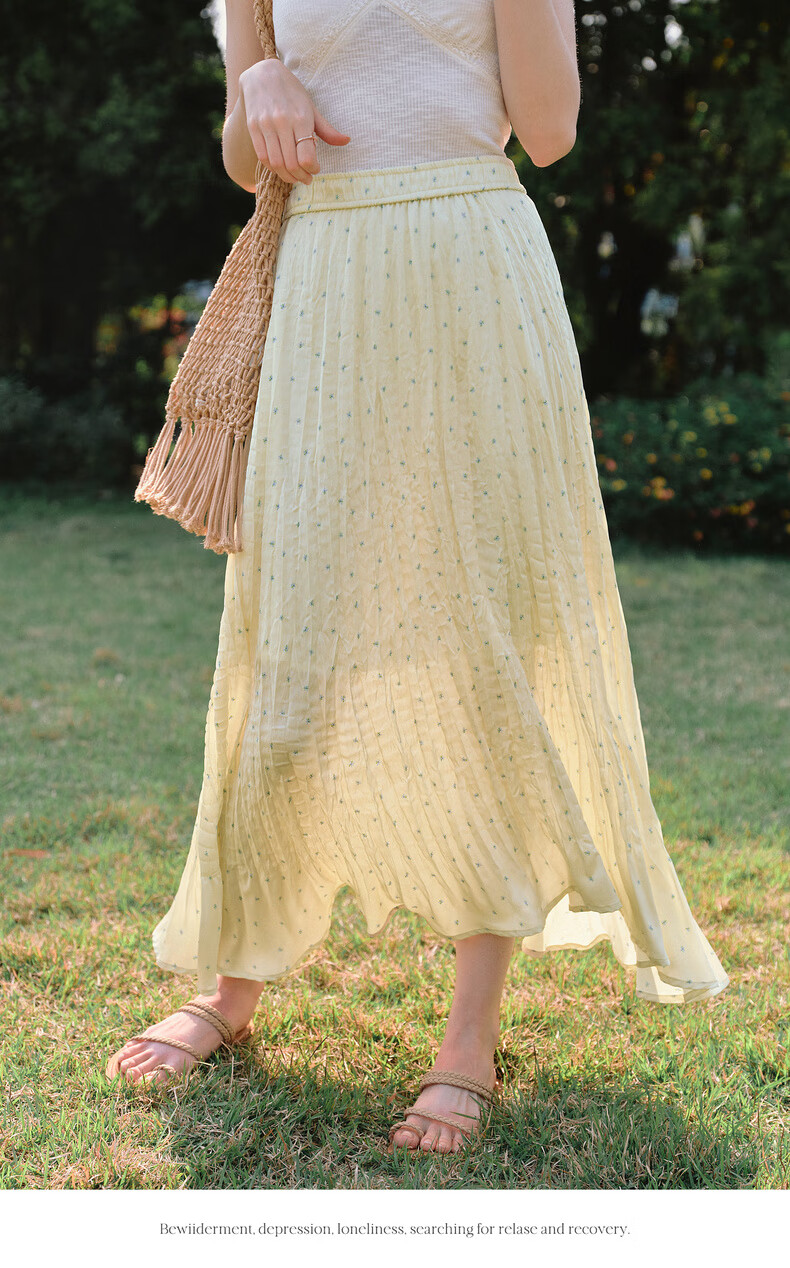 Olrain Yellow Polka Dot Pleated A-Line Skirt Women's Summer High Waist Mid-Length Skirt Yellow S 13