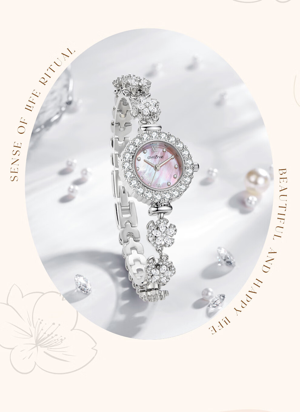 COMLORVEI Watch Rotating Peach Blossom Series with Diamond Inlay, Chinese Women's Watch, Sweet Gift for Girlfriend, Wristwatch 693 3