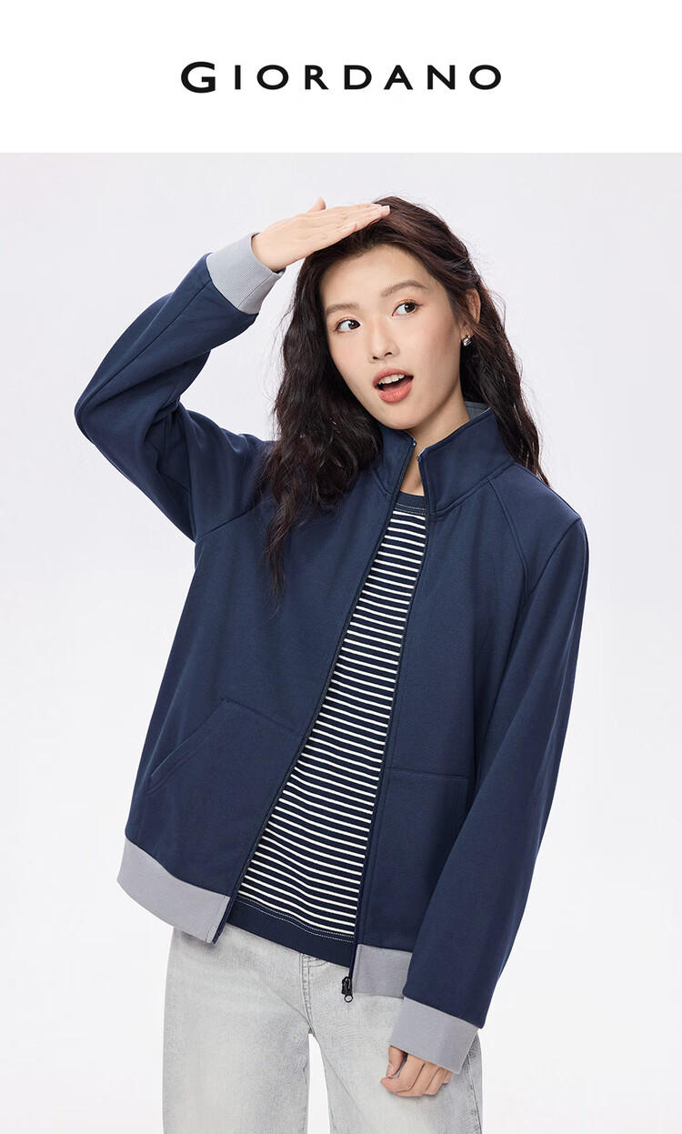Giordano Women's Casual Autumn Winter Fleece Lined Zipper Jacket Colorblock Stand Collar Sweatshirt 05375885 3