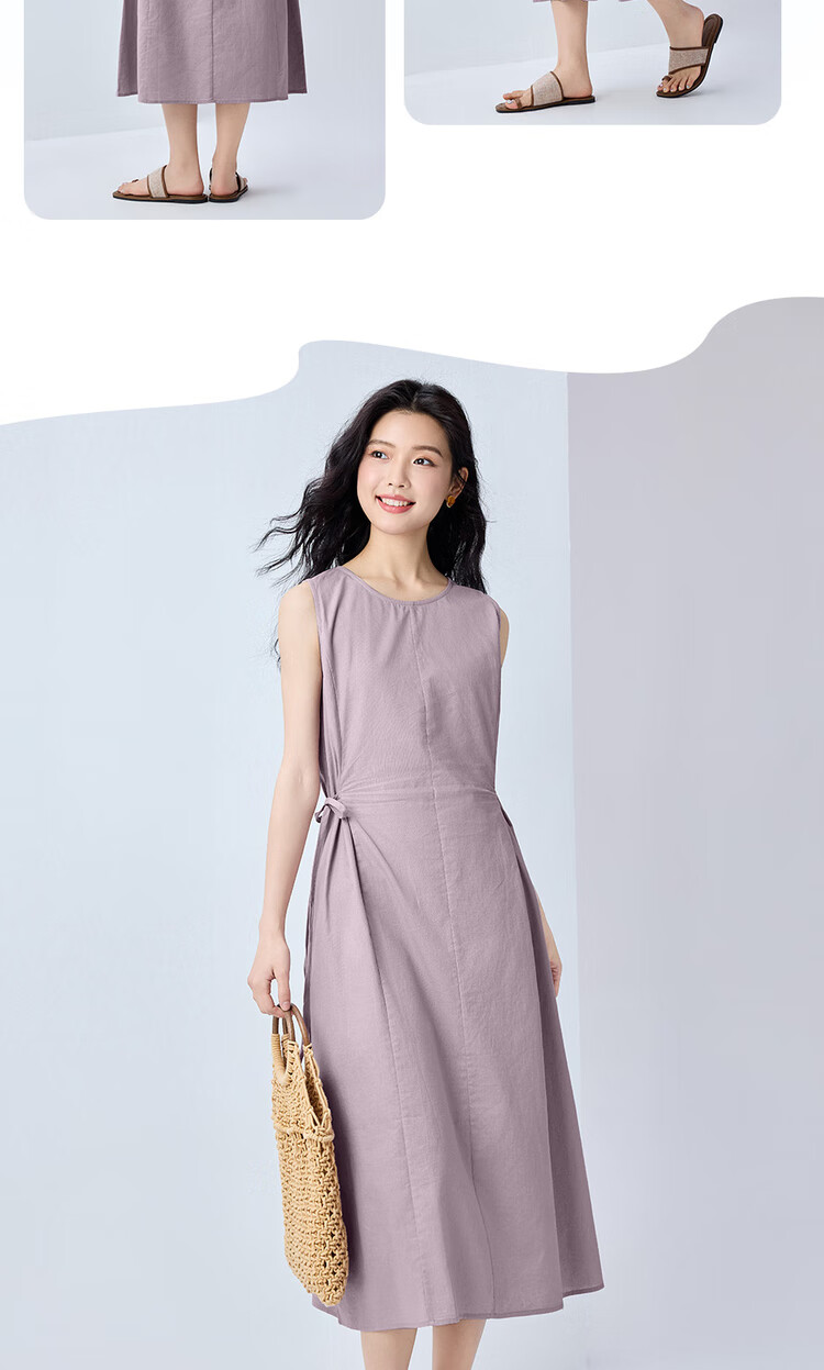 Giordano Sleeveless Dress for Women, Summer New Style Cotton Linen Tie-Waist Round Neck Dress 13465305 15