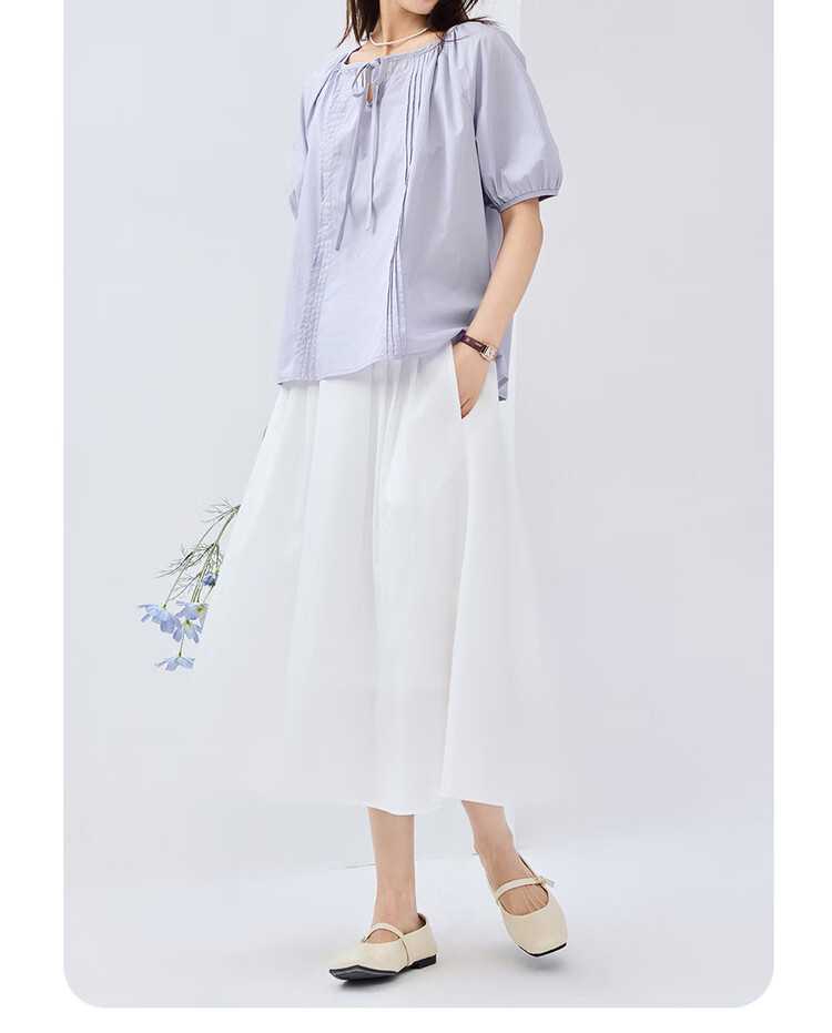 Giordano Women's Short-Sleeve Shirt, Pure Cotton, Brocade, Tie-Up Collar, Pleated, Raglan Sleeve, French Style, Elegant Blouse, 13345305 19