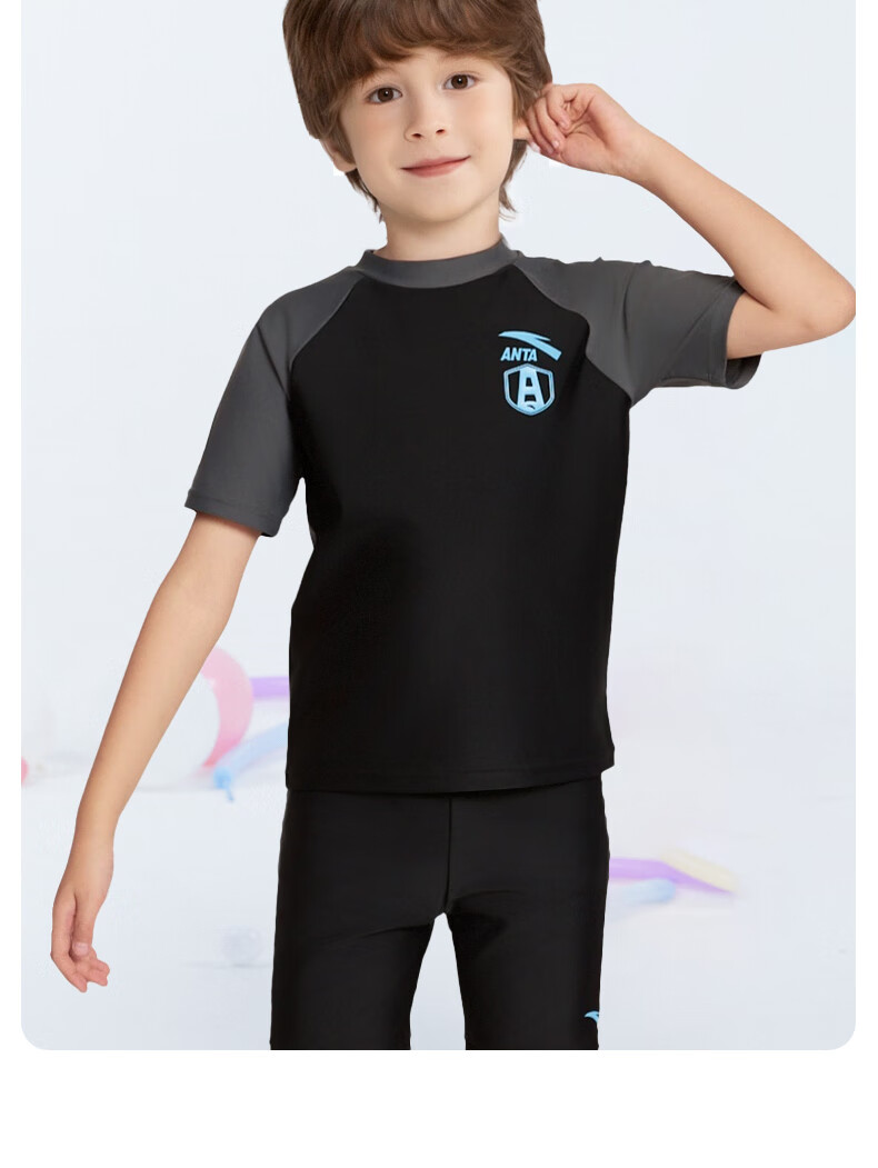 ANTA Men's Children's New Two-Piece Swimsuit, Short-Sleeved Sun Protection, Youth Swimwear, for Older Kids, Beach Shorts, Black, Size 160 19