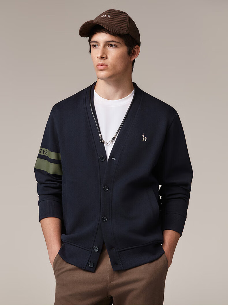 HAZZYS Men's Spring and Autumn V-Neck Casual Jacket with Color-Block Sleeves Cardigan Sweatshirt ABTZE0CCX34 2